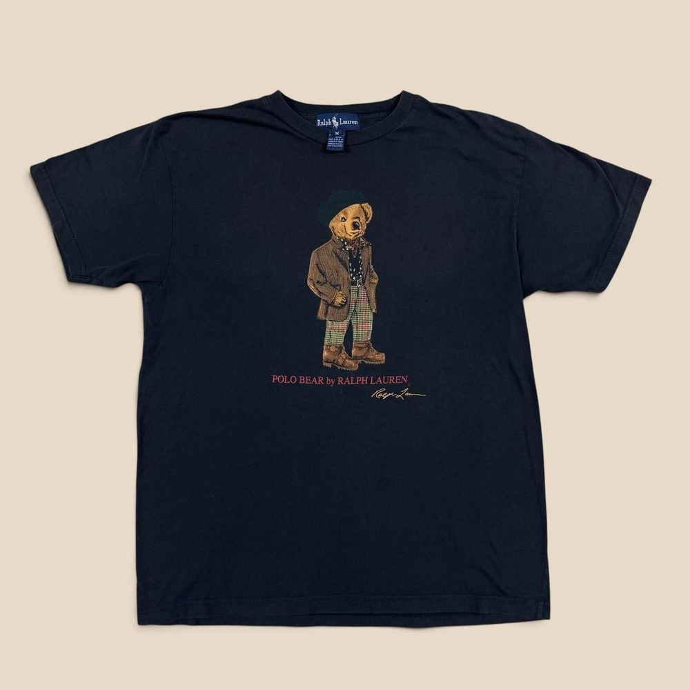 Vintage 90s Ralph Lauren Polo Bear T-Shirt Made in USA Black M Light Wear